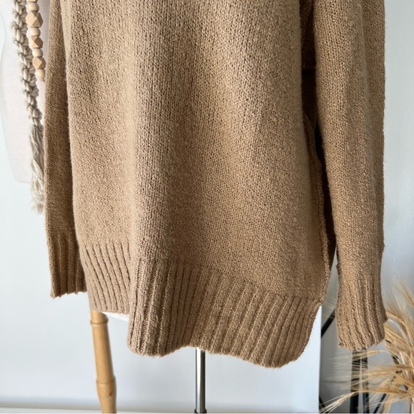 TAN LOW NECK PLUSH KNIT OVERSIZED SWEATER - Picture 3 of 5